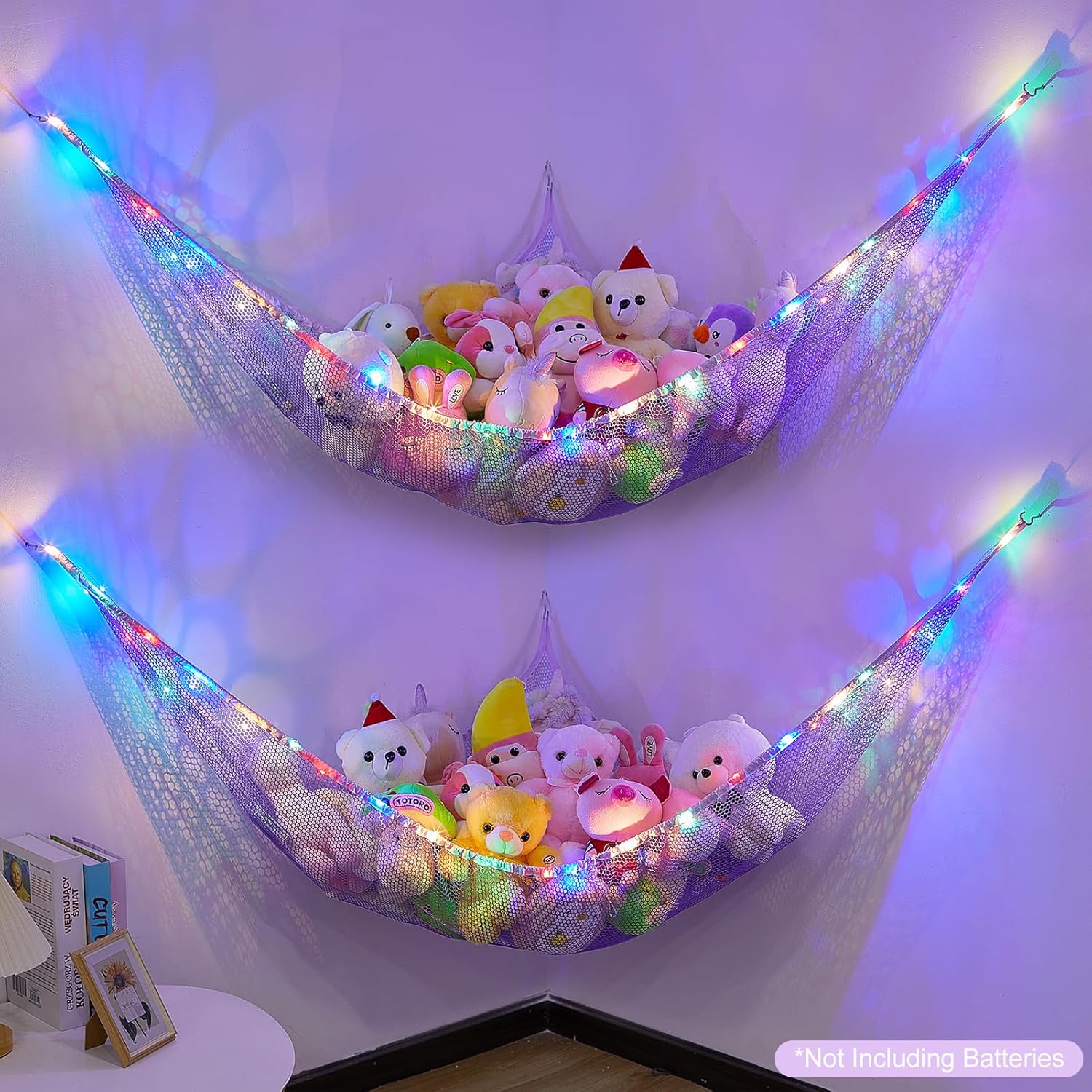 Basumee Red de animales de peluche o hamaca con luz LED, hamaca de red de juguetes para almacenamiento de animales de peluche, hamacas para