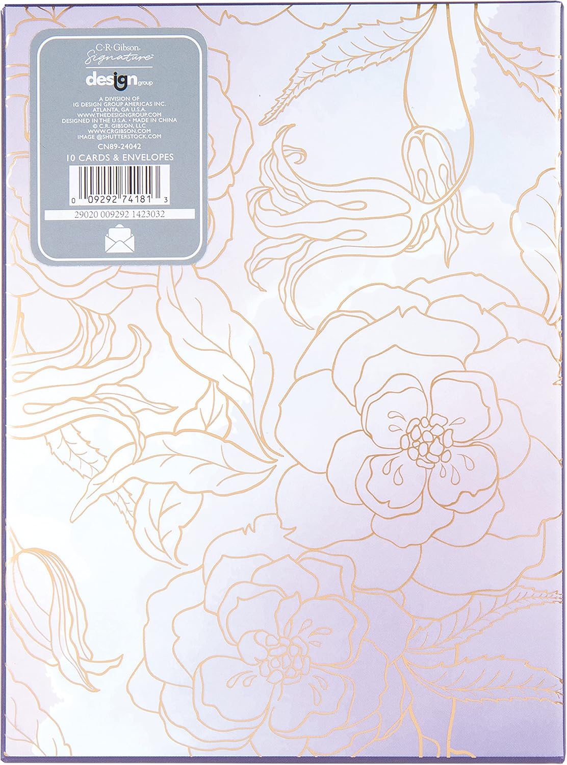 C.R. Gibson CN89-24042 – Juego de tarjetas de felicitación en caja y para todas las ocasiones, 10 tarjetas con 10 sobres, floral dorado y morado