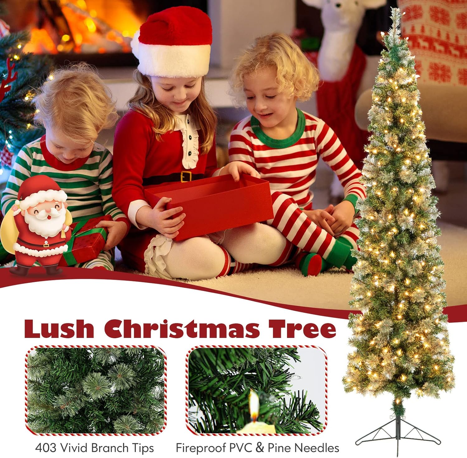 Goplus Árbol de Navidad preiluminado de 7 pies, árbol de Navidad artificial con 150 luces blancas cálidas, 403 puntas de rama, soporte de metal