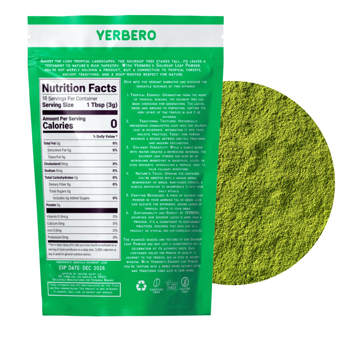 Yerbero – Polvo de guanábana de graviola seca de primera calidad, 2 oz (56 g) Hoja de Guanabana En Polvo, 100% Natural Delicioso Té Fresco  De