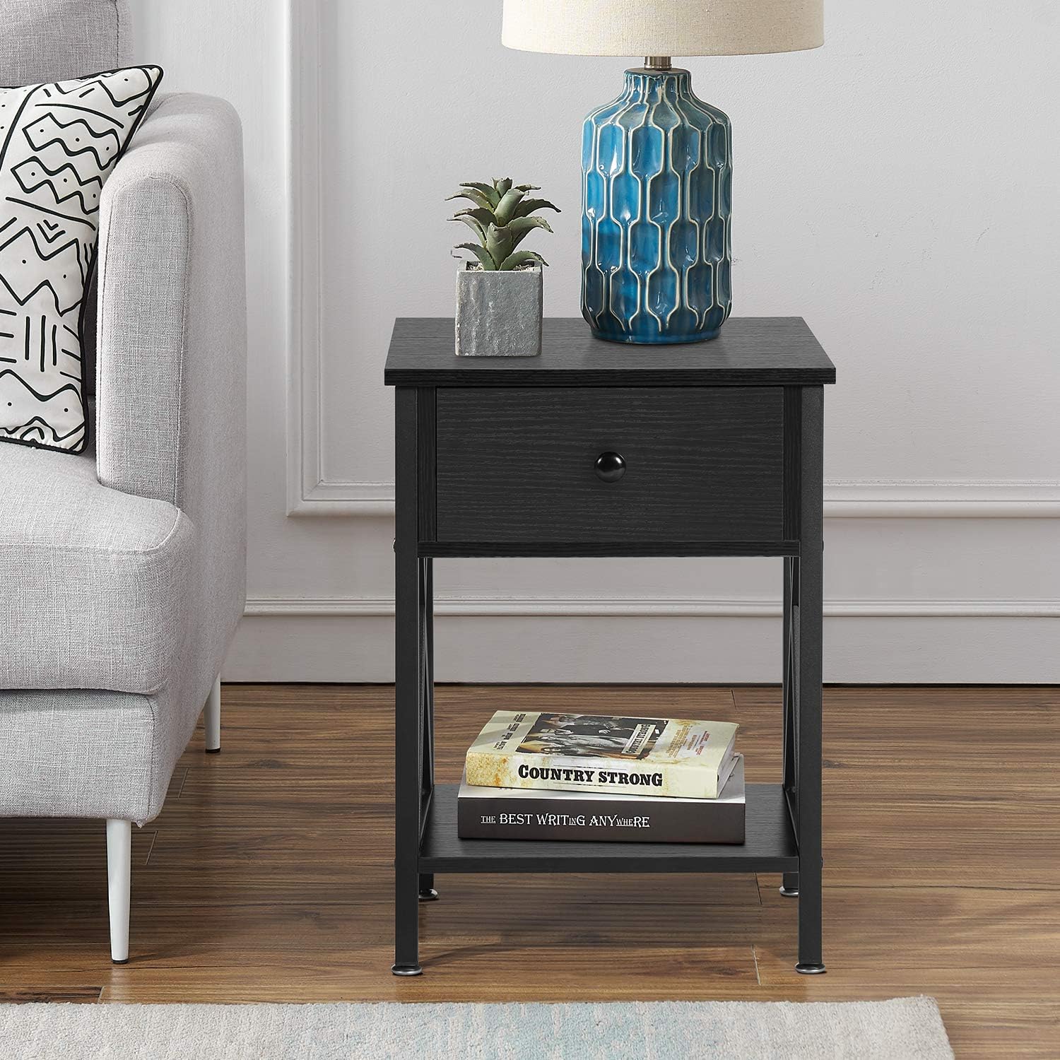 VECELO Mesa lateral con repisas Diseño en X Buró Mesa de noche Mueble versátil para sala de estar o dormitorio