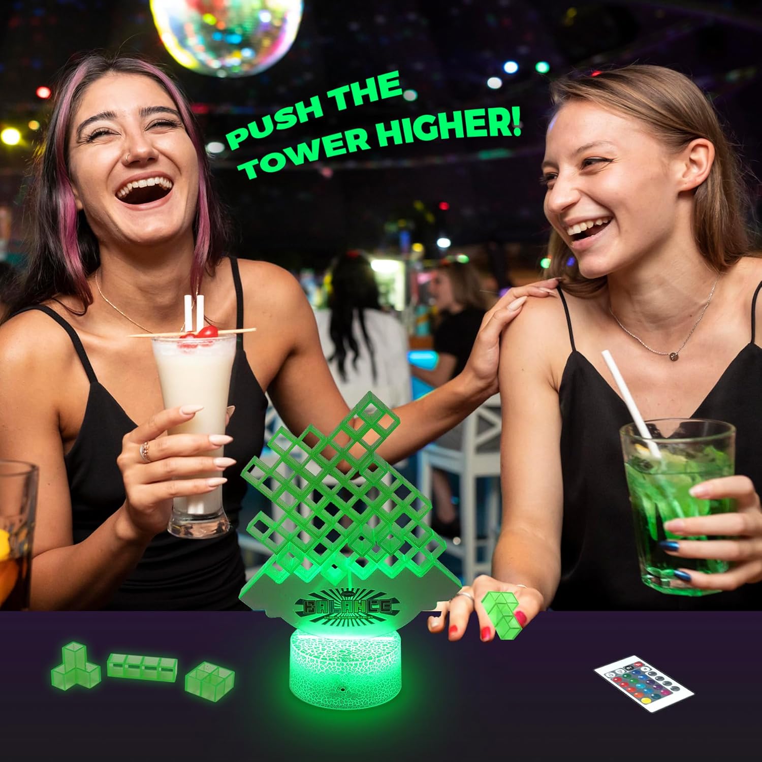 Juego de apilamiento LED que brilla en la oscuridad, juego de torre de equilibrio Tetra con luces que cambian de color, juegos de mesa suspendidos