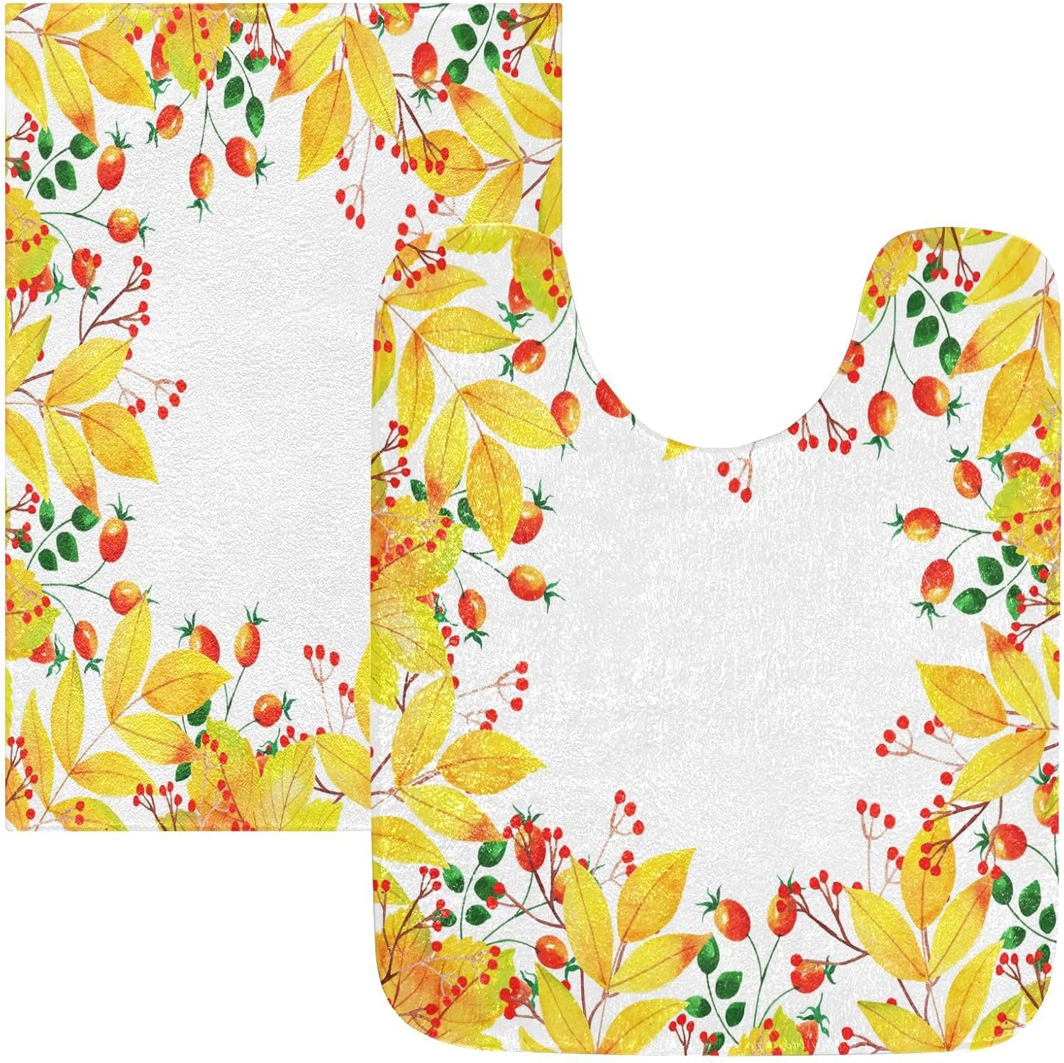 Bathroom Rugs Sets 2 Piece 24×16+24×20 Inch,Soft U-Shaped Contour Toilet Rug Autumn Leaves Berry Non-Slip Absorbent Bath Floor Mat Carpet Set Water