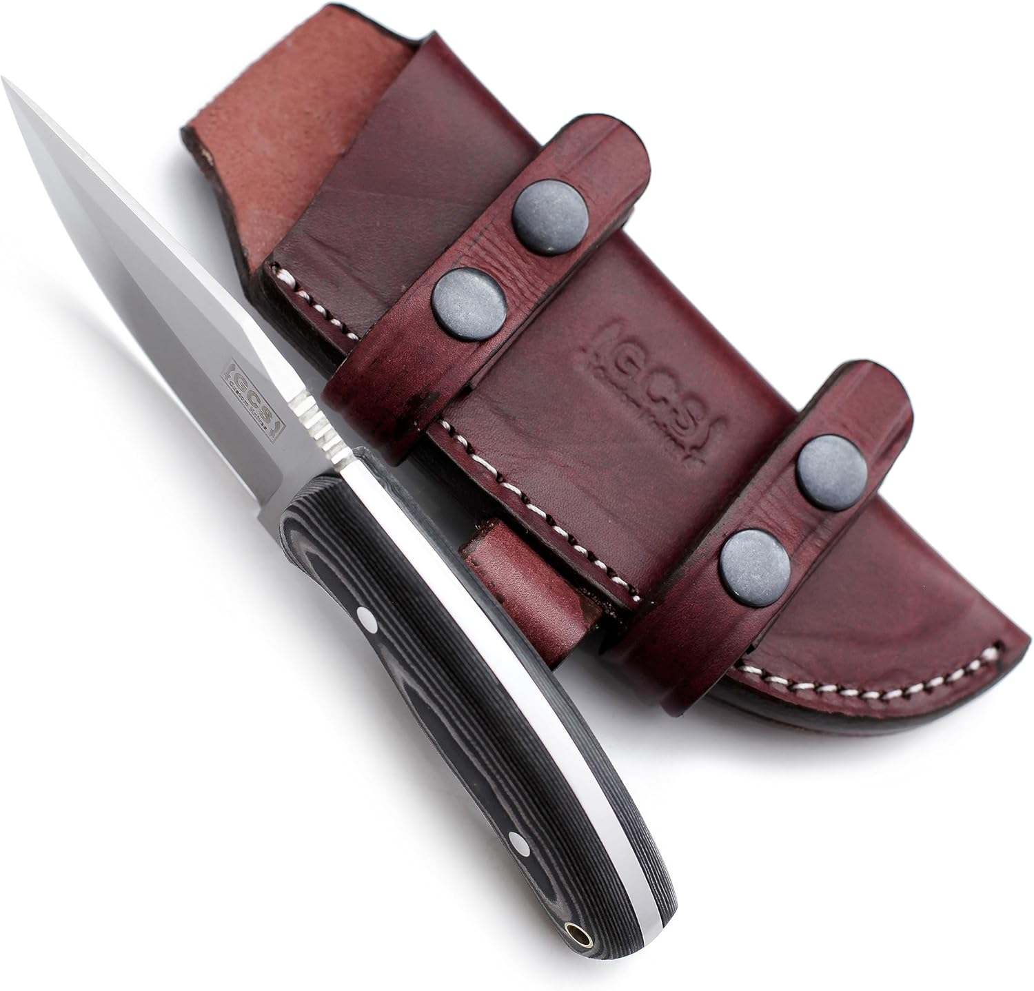 GCS – Cuchillo de caza táctico de acero hecho a mano D2 con funda de cuero y mango de espiga completa diseñado para caza y campamento y EDC GCS 762