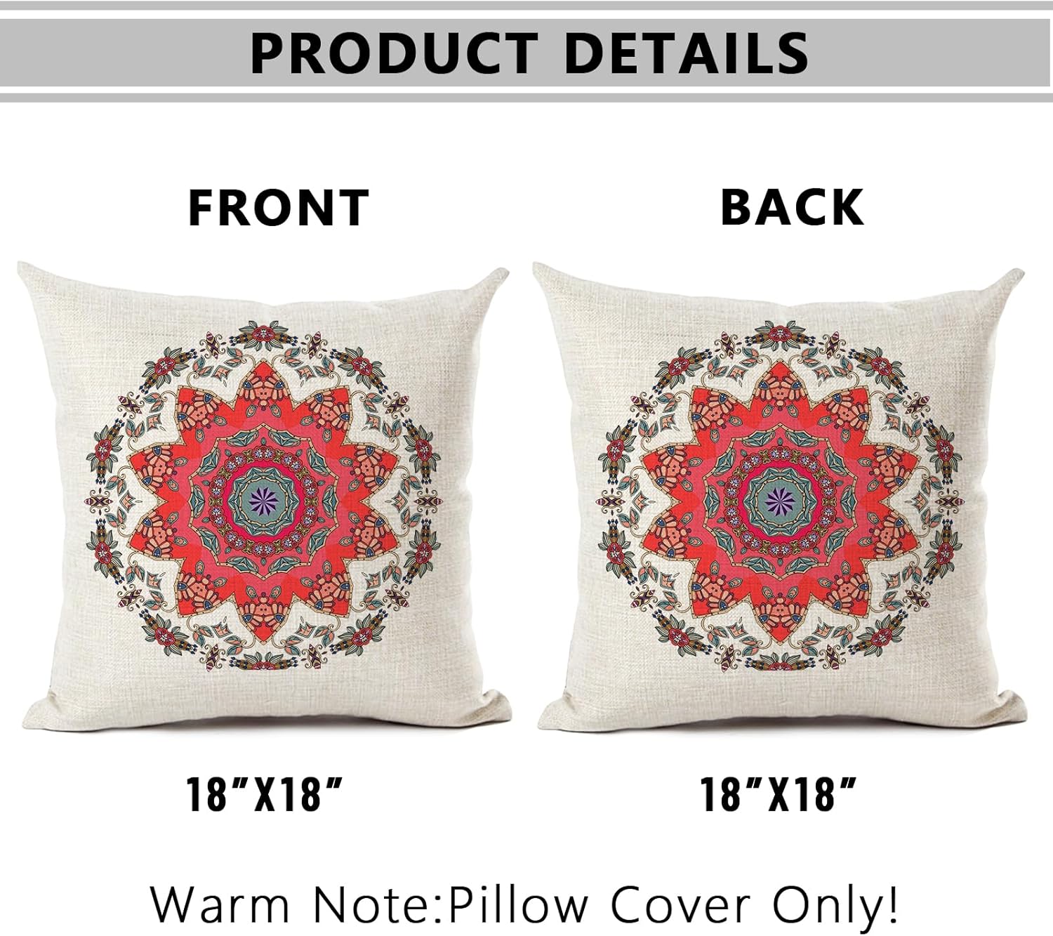 Juego de 2 fundas de almohada de 18 x 18 pulgadas con diseño de flores de mandala sobre fondo blanco, decoración de exteriores, fundas de almohada