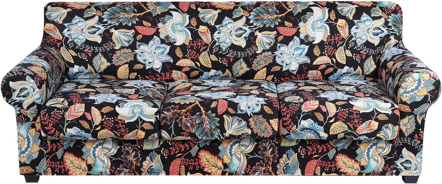 hyha Funda para sofá, diseño floral, elástica, estampada, 4 piezas, fundas para sofá de 3 cojines separados, protector de muebles lavable para
