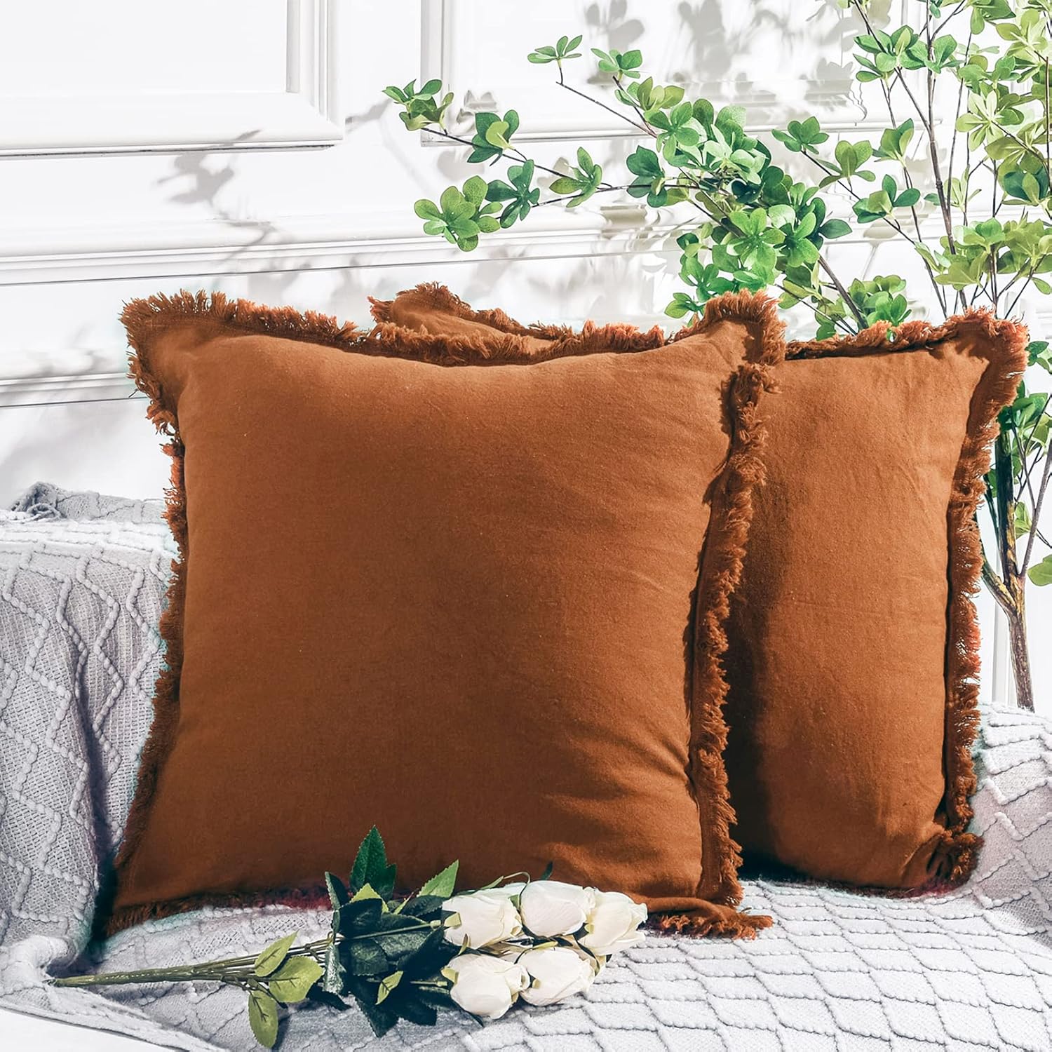 NEXHOME PRO Juego de 2 fundas de almohada bohemias de 20 x 20 pulgadas para sofá, fundas de almohada decorativas hechas a mano de lino para sofá