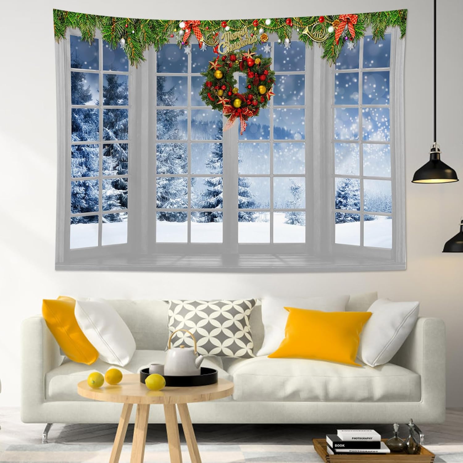 HVEST Tapiz navideño de invierno para colgar en la pared, bosque de pinos nevados con copo de nieve a través de ventana, tapiz de corona de Navidad