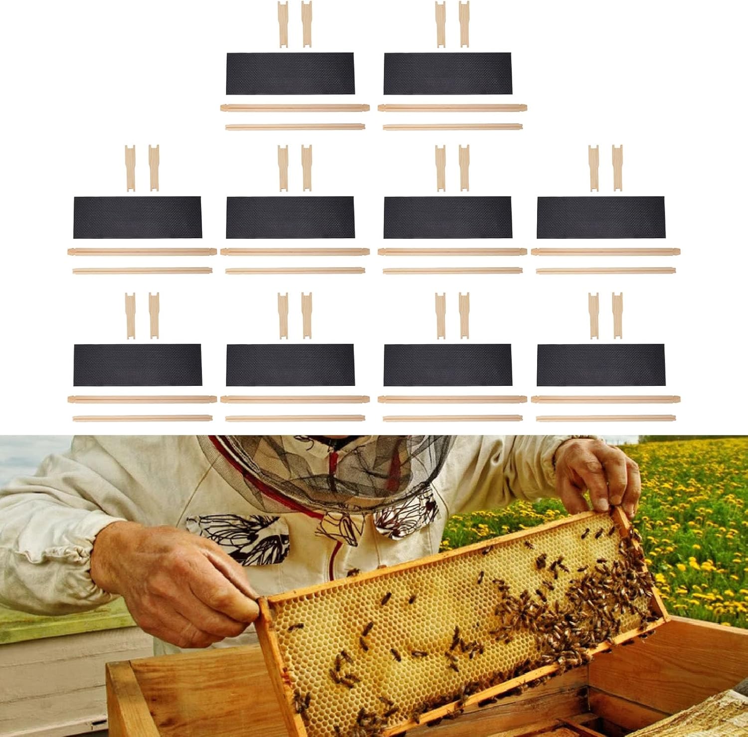 TOPINCN 10 Set Beehive Frames and Foundations Nest Foundation Sheets Beekeeping Bee Frame Shallow Box Supplies Honey Bee Deep Beehive Frames