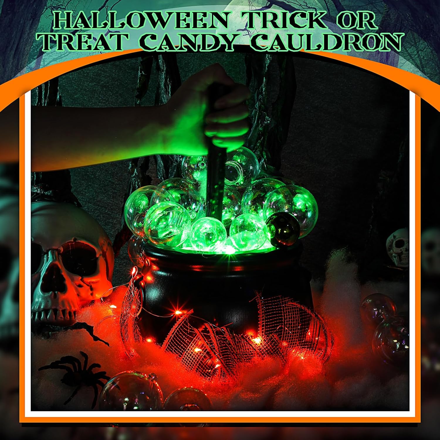 43 piezas de calderos de Halloween, caldero de plástico negro de 7.9 pulgadas con asa, adornos de bolas, algodón artificial, tira de luces y