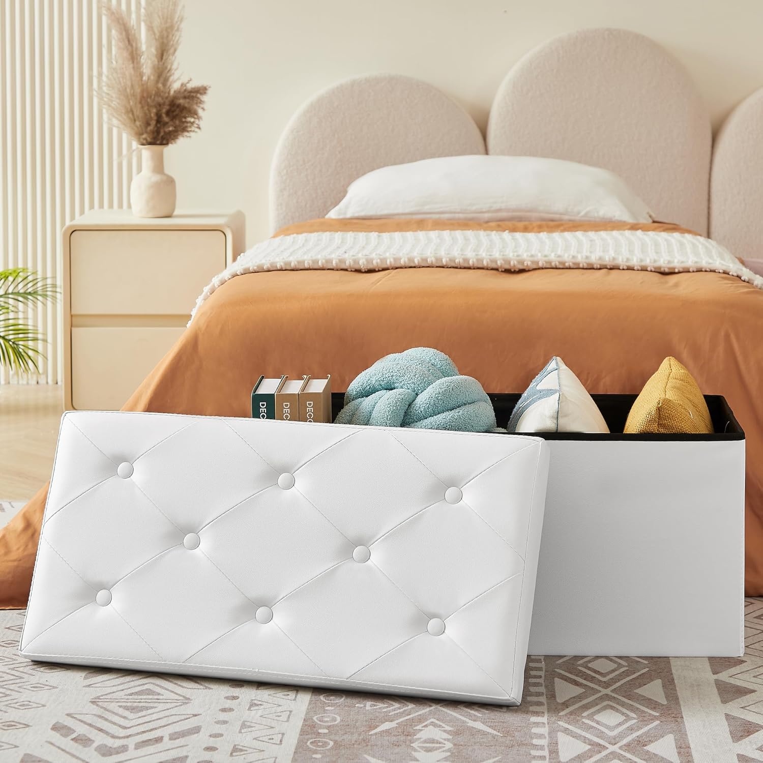 VECELO Banco otomano plegable de almacenamiento de 30 pulgadas, taburete y reposapiés versátil, banco de dormitorio con almacenamiento, baúl de