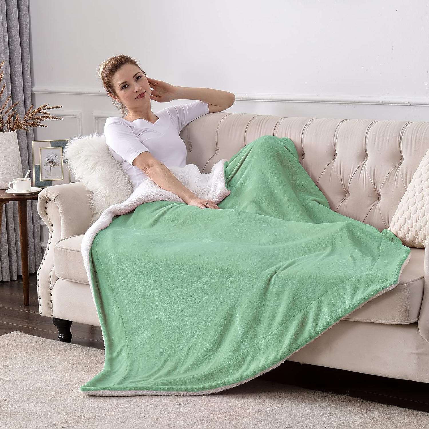 SOCHOW Manta de forro polar Sherpa de doble cara, súper suave, lujosa manta de felpa, tamaño doble, color Celadon