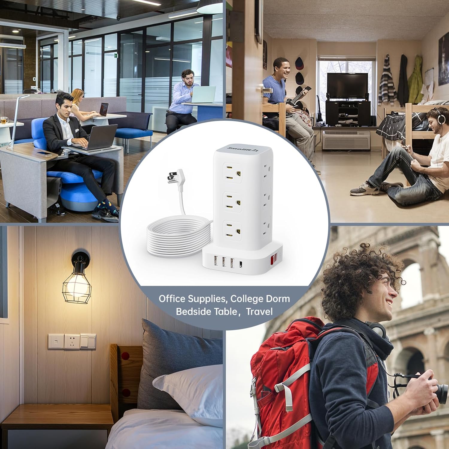 Regleta protectora contra sobretensiones, cable de extensión de enchufe plano ultrafino de 10 pies con 12 tomas de corriente alterna, 4 USB (1 USB