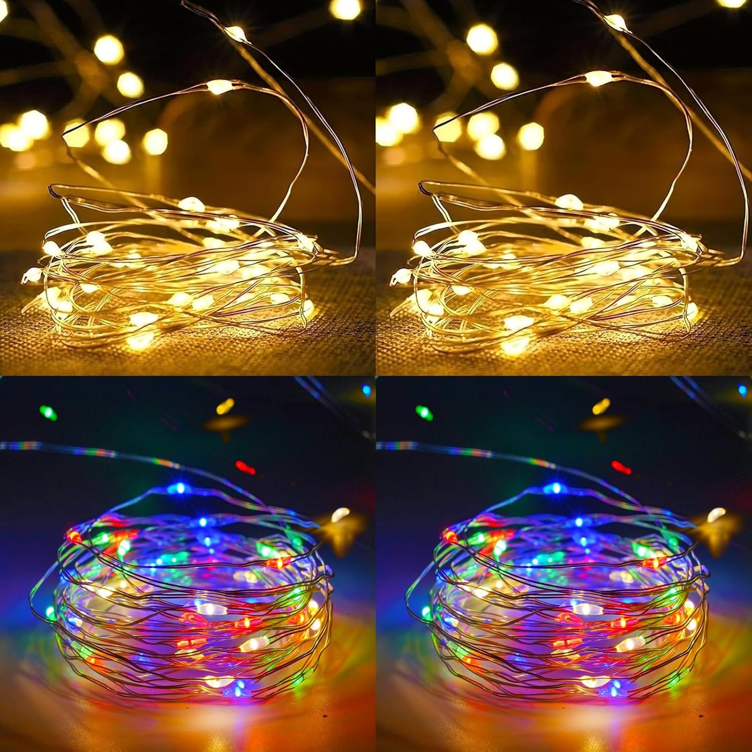 Paquete de 4 50 luces LED que funcionan con pilas, con temporizador, cadena de luces estrelladas impermeables de 16 pies para exteriores e