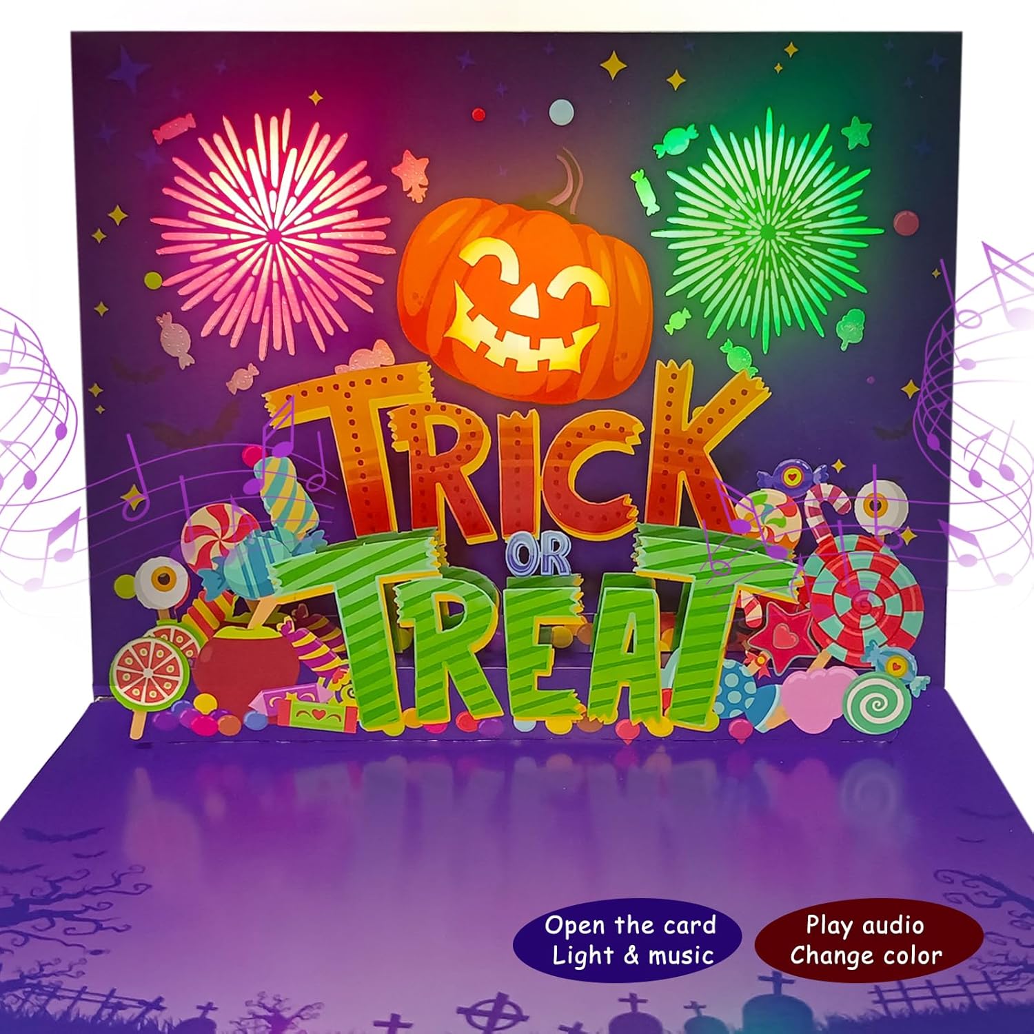 Tarjeta de Halloween de calabaza desplegable 3D con luz y música, para niños, amigos, novio, novia, marido, él, mujeres, cráneo, fantasma, sobre