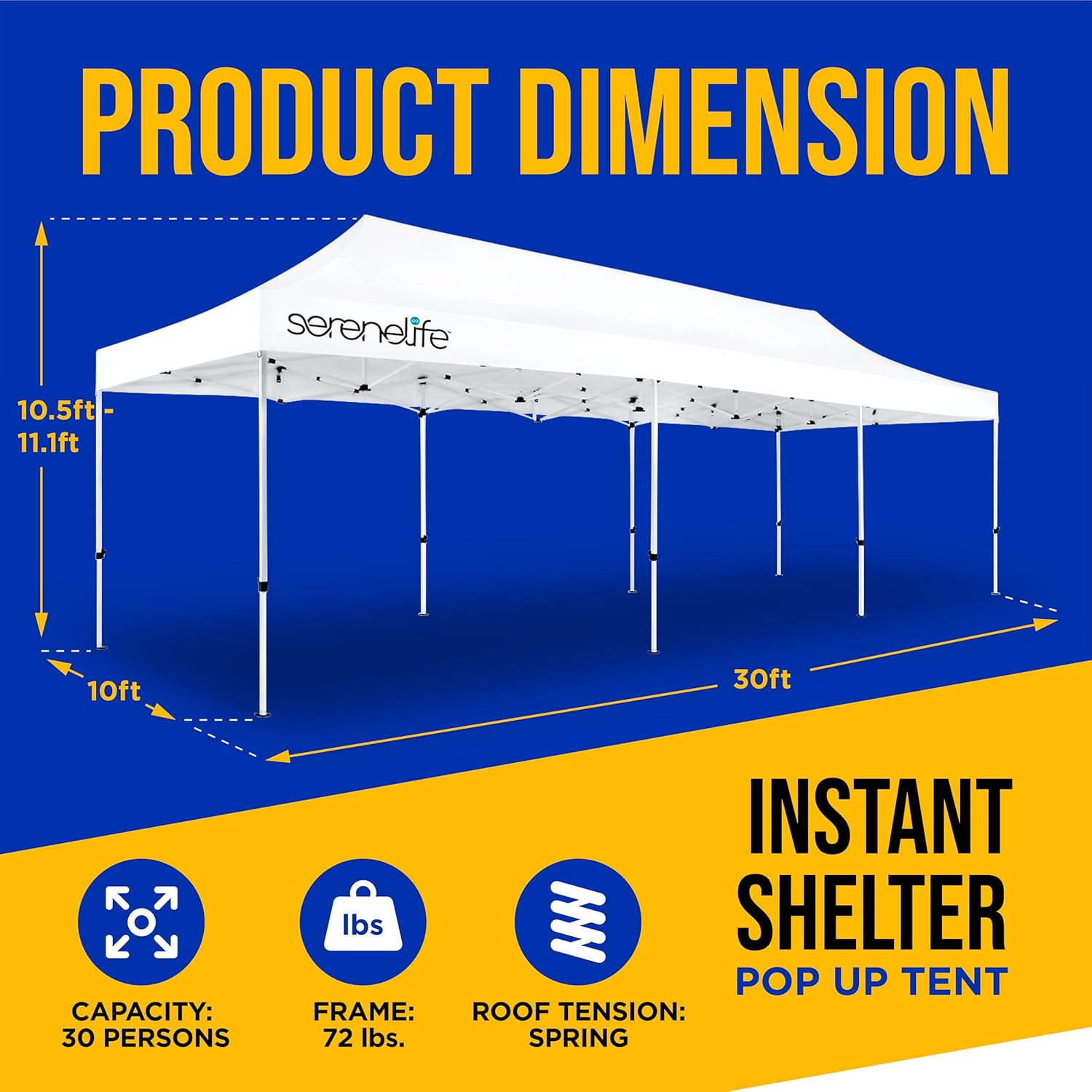 SereneLife Tienda de campaña comercial desplegable de 10 x 30, refugio desplegable instantáneo, tienda de campaña de poliéster impermeable con
