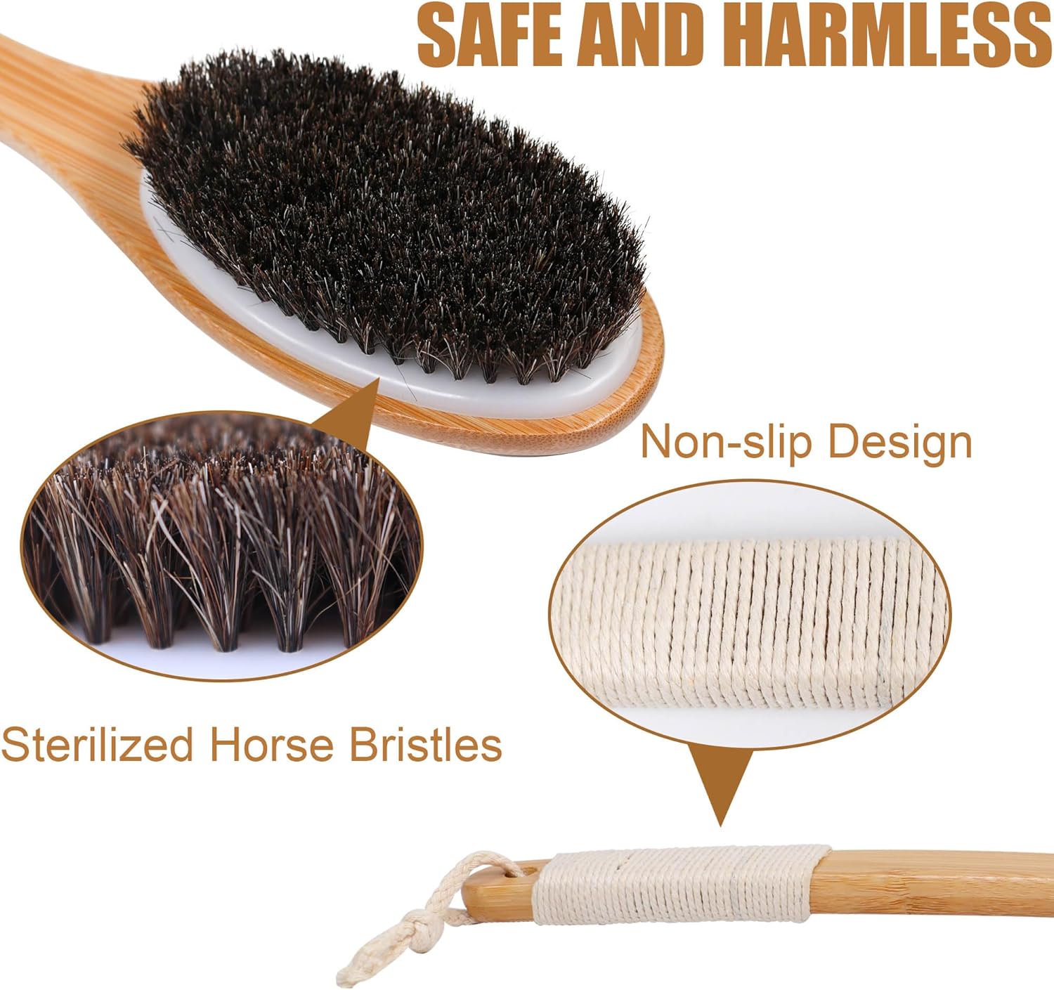 OWIIZI Cepillo de baño de crin de bambú, curvado, mango largo, antideslizante, cepillo corporal para exfoliación, limpiador de ducha de melena