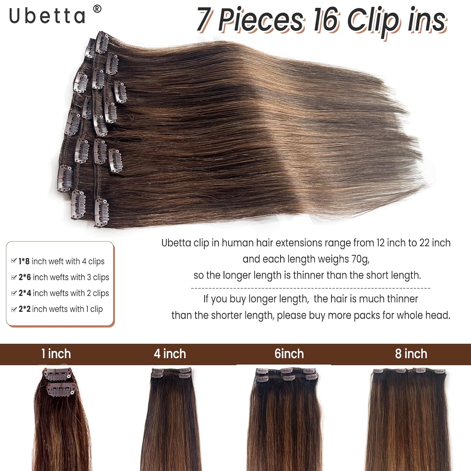 Extensiones de cabello humano real con clip, de 12 pulgadas, 7 unidades, color marrón oscuro, balayage, color marrón ceniza, extensiones de cabello