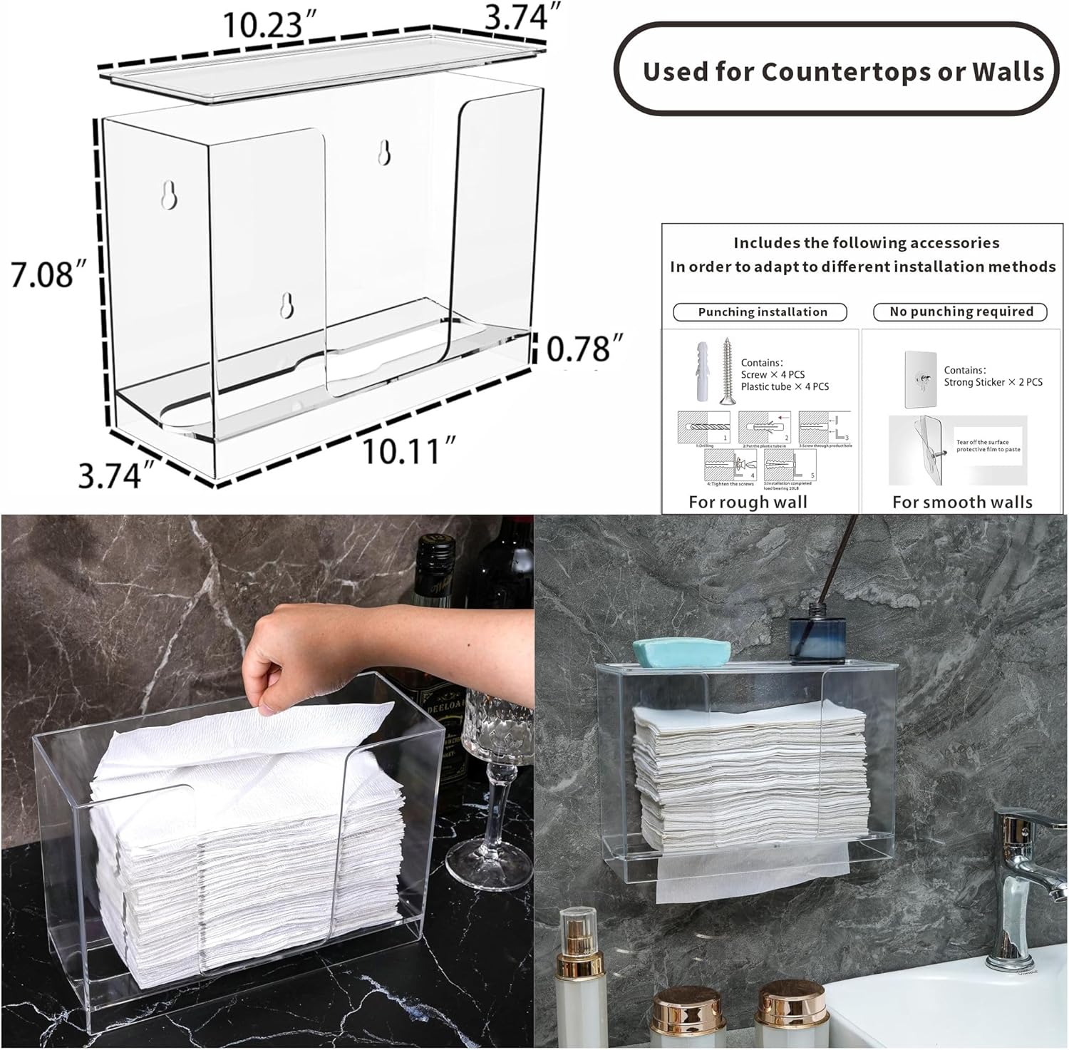 Dispensador de toallas de papel para montaje en pared, dispensador de toallas de papel multipliegue transparente con tapa, adecuado para toallas de