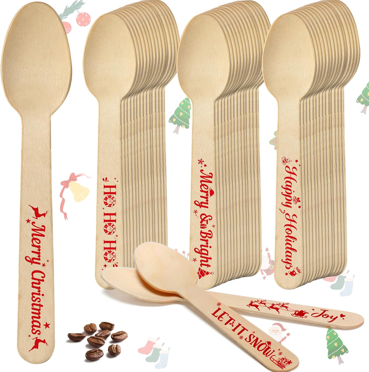 300 cucharas de madera de Navidad para chocolate caliente, cucharas desechables de cacao caliente, diseño de bastón de caramelo, cucharas de