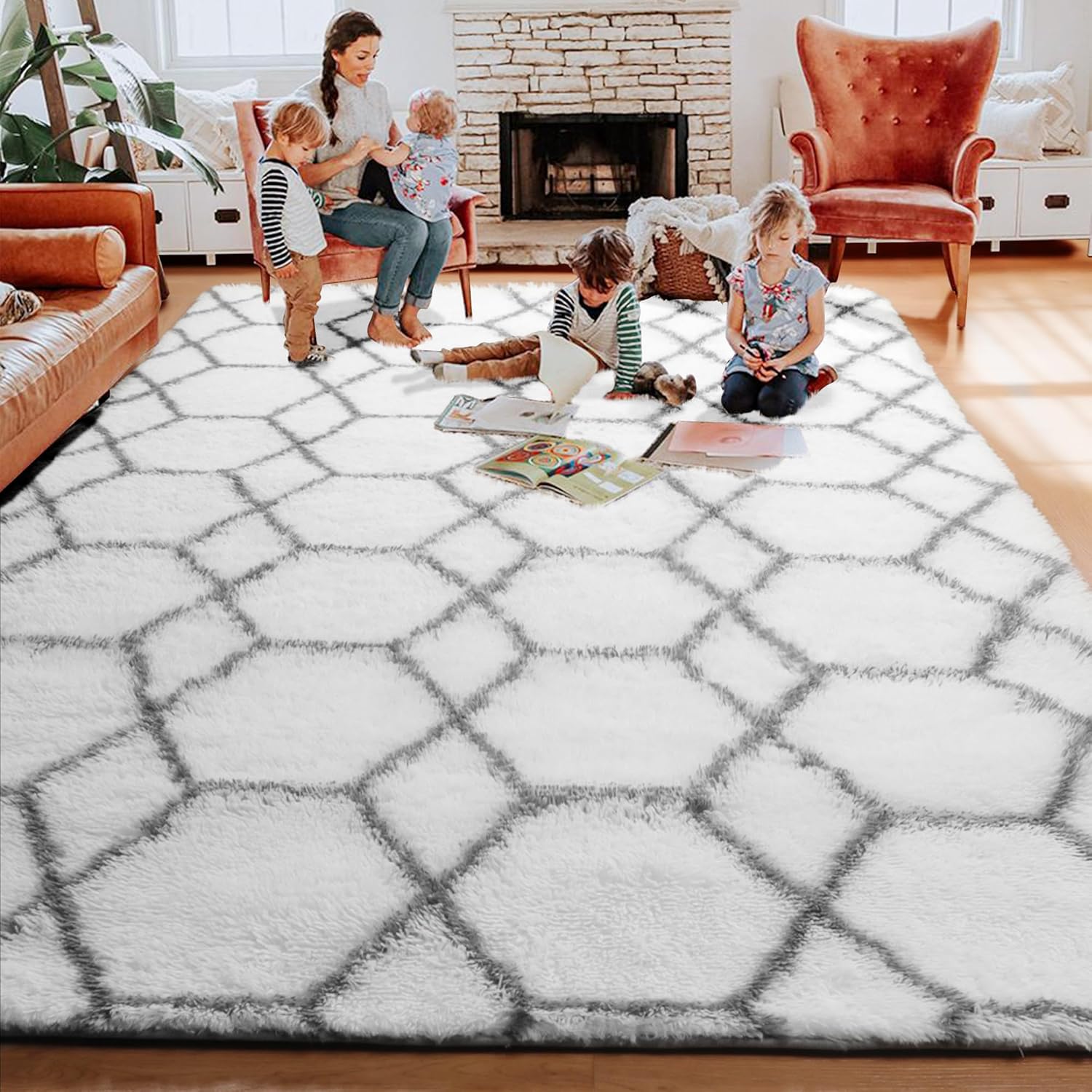ONASAR Alfombra geométrica para dormitorio, sala de estar, alfombra blanca y gris, alfombra marroquí peluda para sala de juegos, oficina,