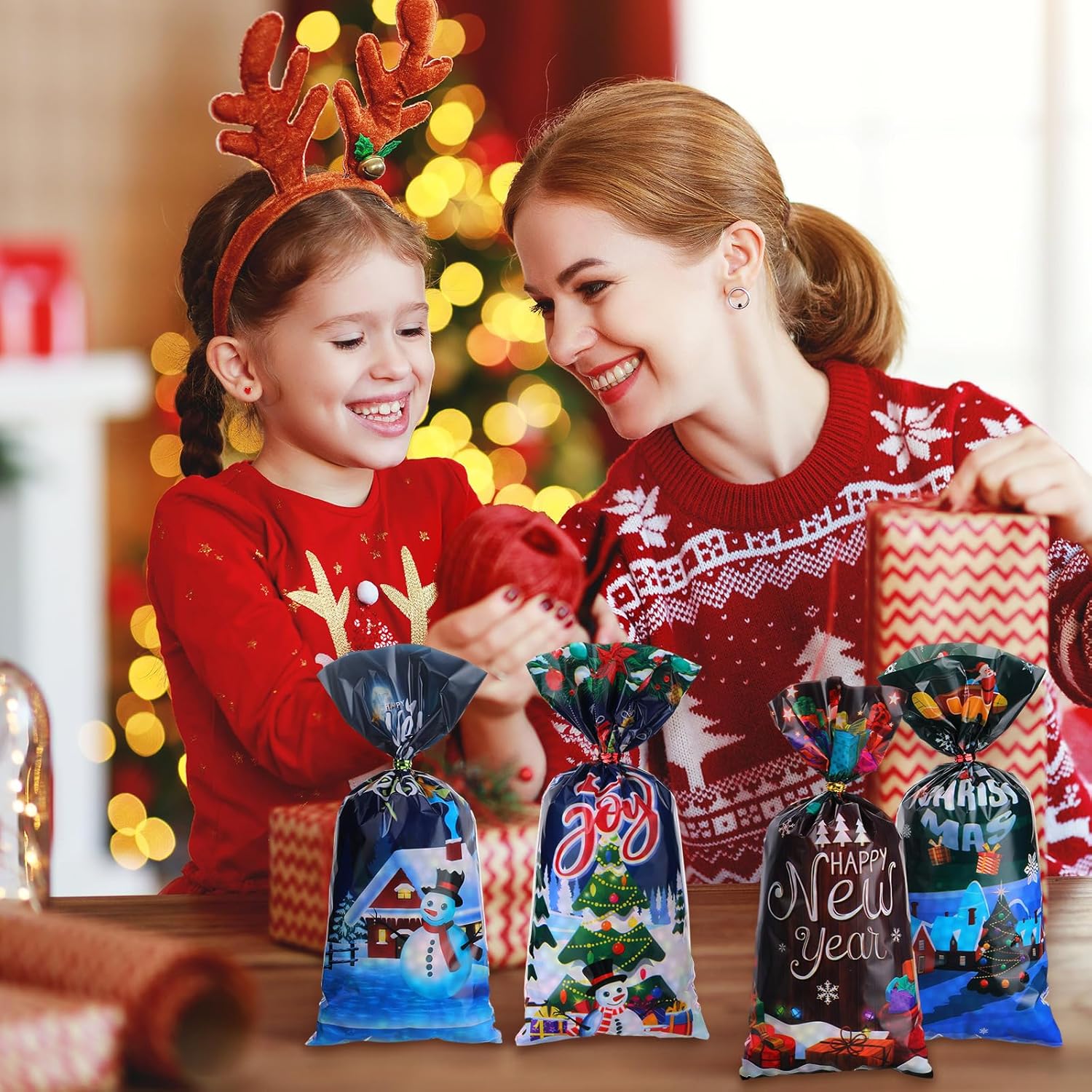 200 bolsas de dulces de celofán de Navidad a granel, bolsas de palomitas de maíz, bolsas de plástico de Papá Noel, sombrero de Navidad, muñeco de