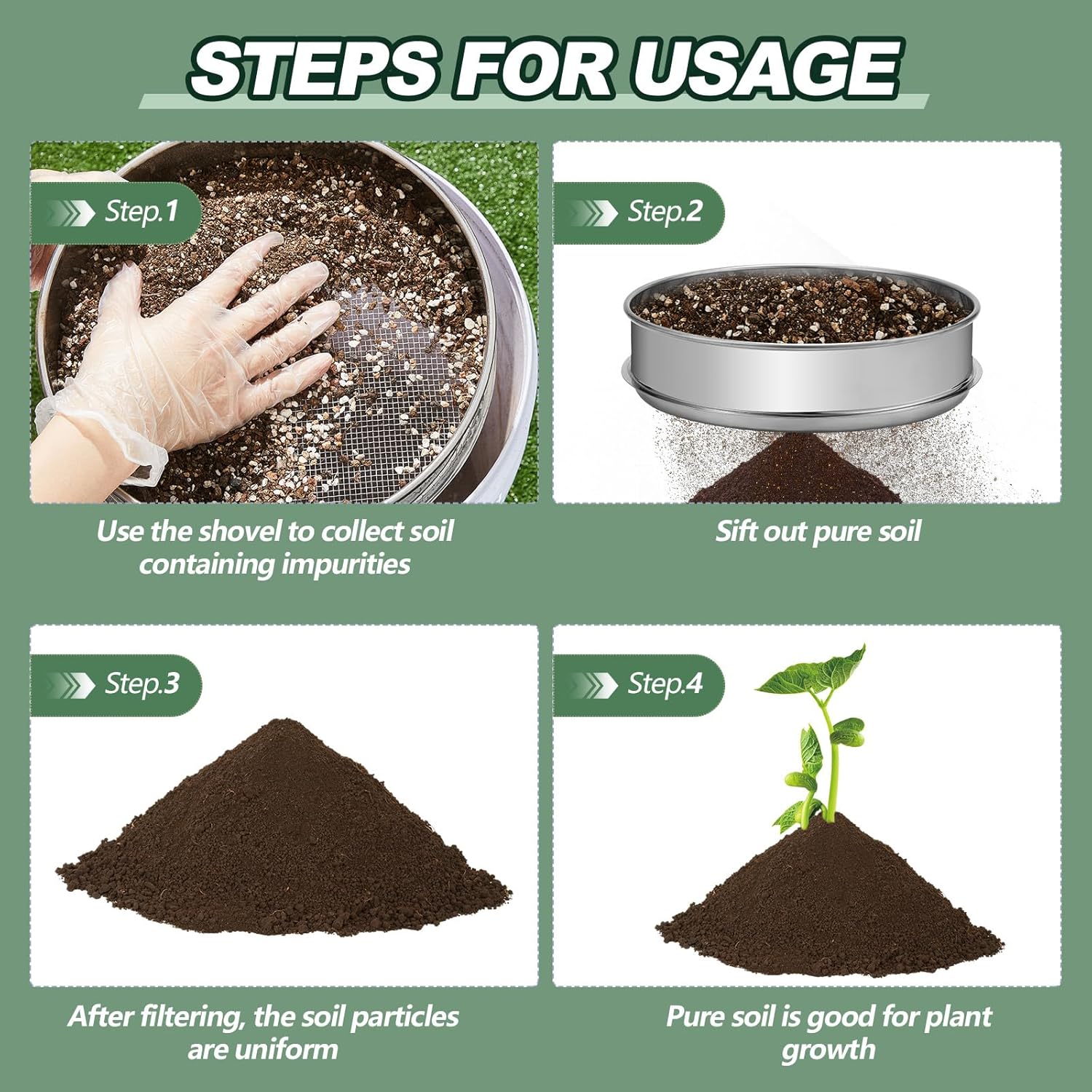 Hushee Tamiz de suelo con pala, bandeja de tamiz de 10 pulgadas, tamiz de compost inoxidable, tamiz de jardín, tamiz de arena para suciedad, rocas,