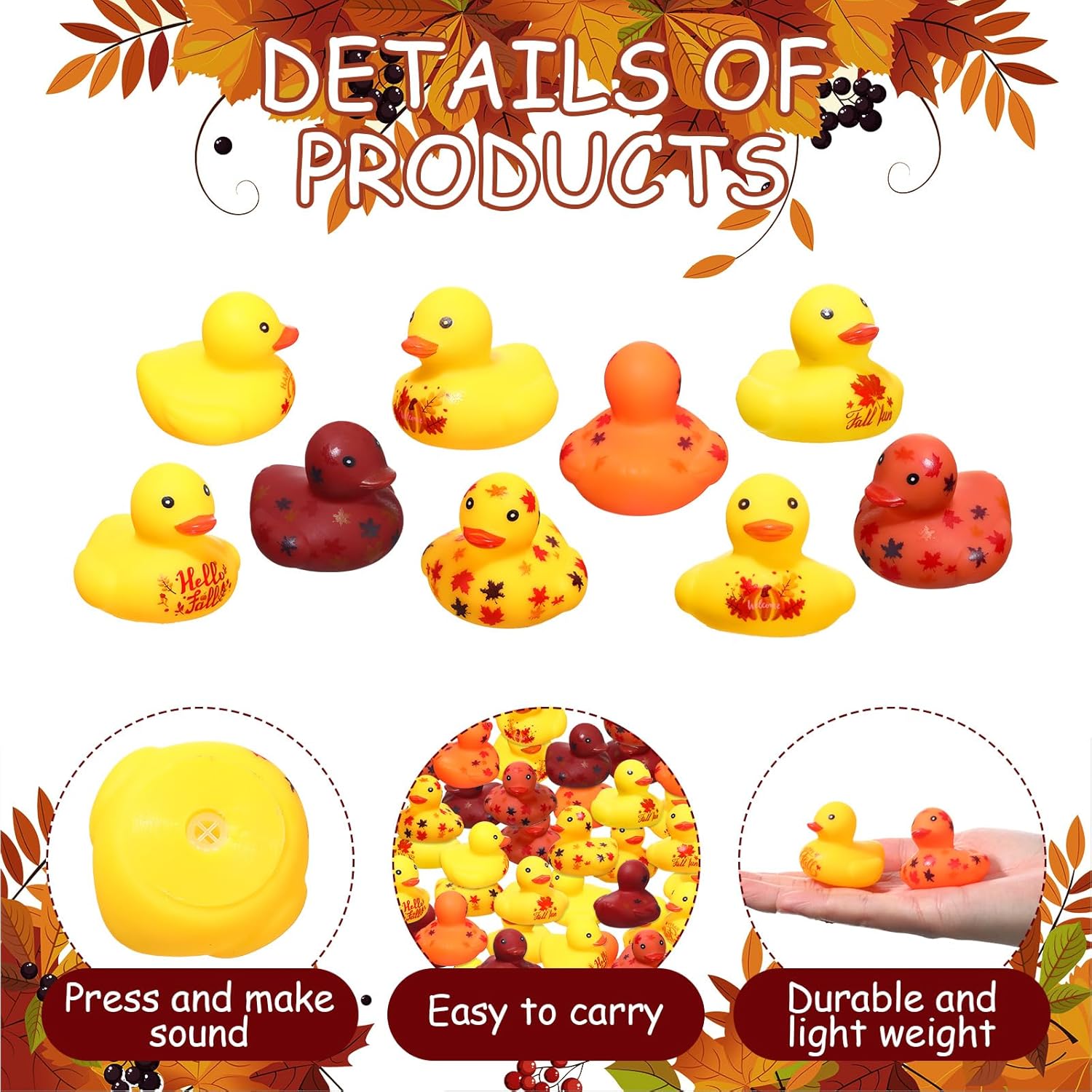 Patos de goma de Acción de Gracias de 1.38 pulgadas, patos de goma de otoño con patrones de hojas de calabaza, juguetes de bañera con temática de