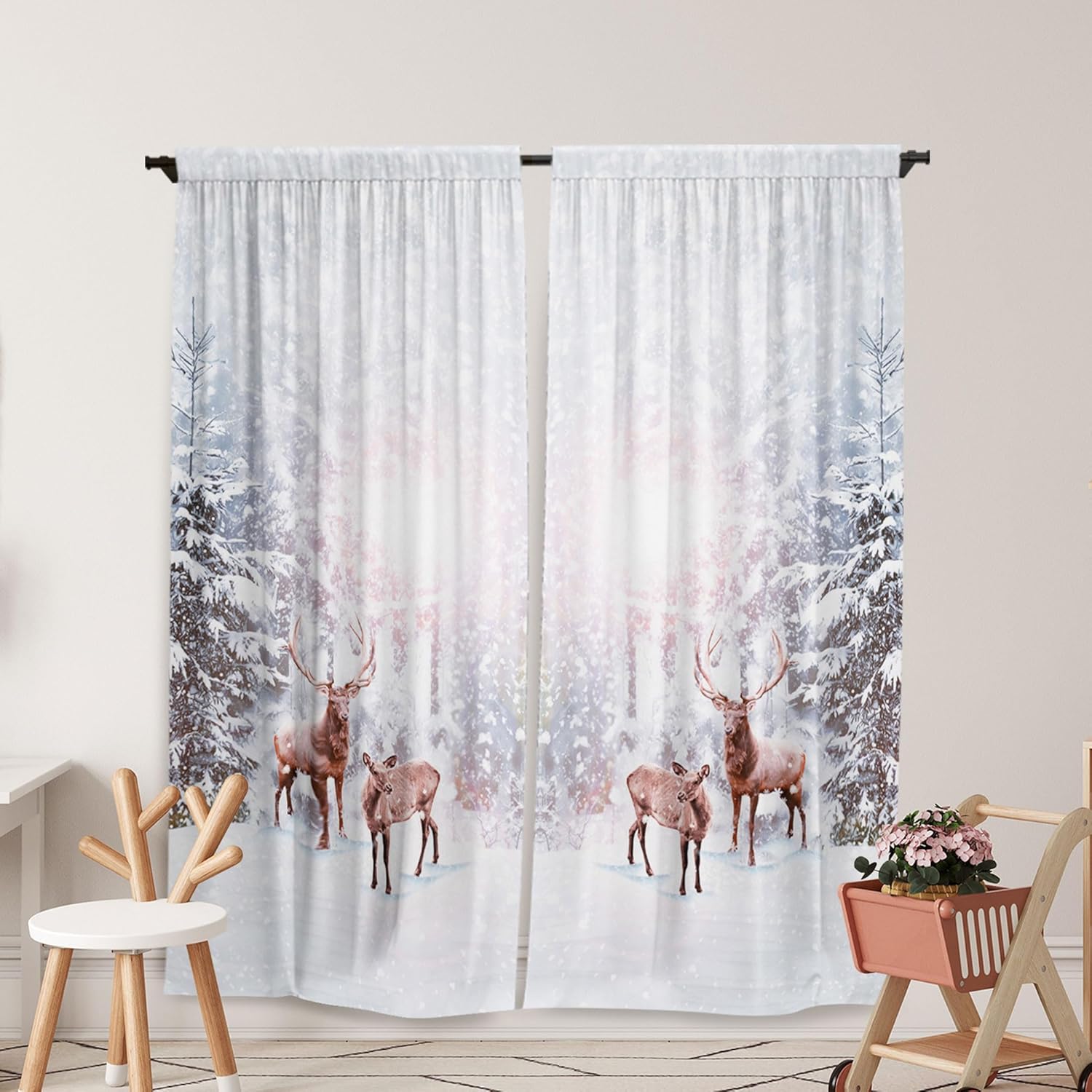 Cortina de ventana de bosque de invierno con estampado de Feliz Navidad, cortinas para sala de estar, fantasía, nevado, país de las maravillas,