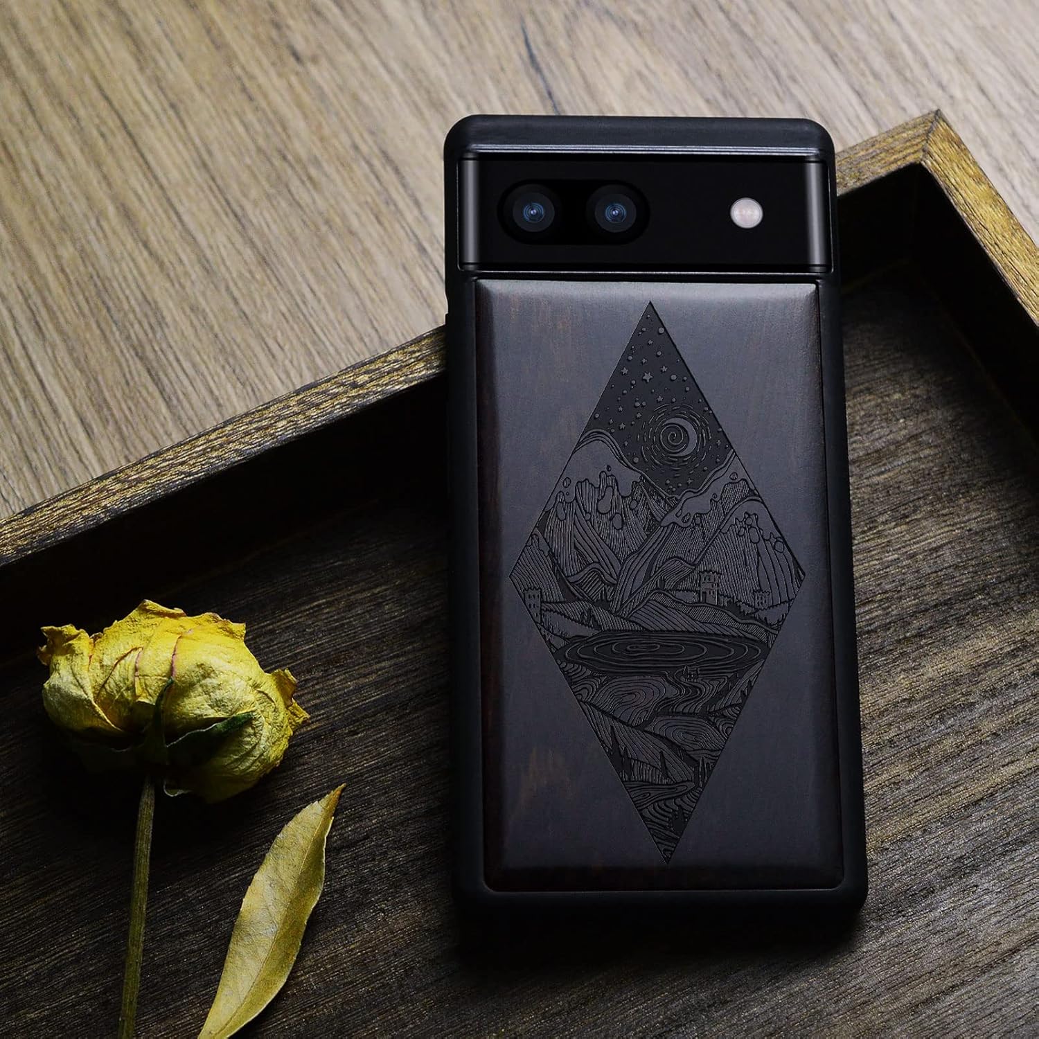 Carveit Funda de madera para Pixel 6a 2022 madera natural y TPU suave negro a prueba de golpes, funda de madera única y elegante compatible con