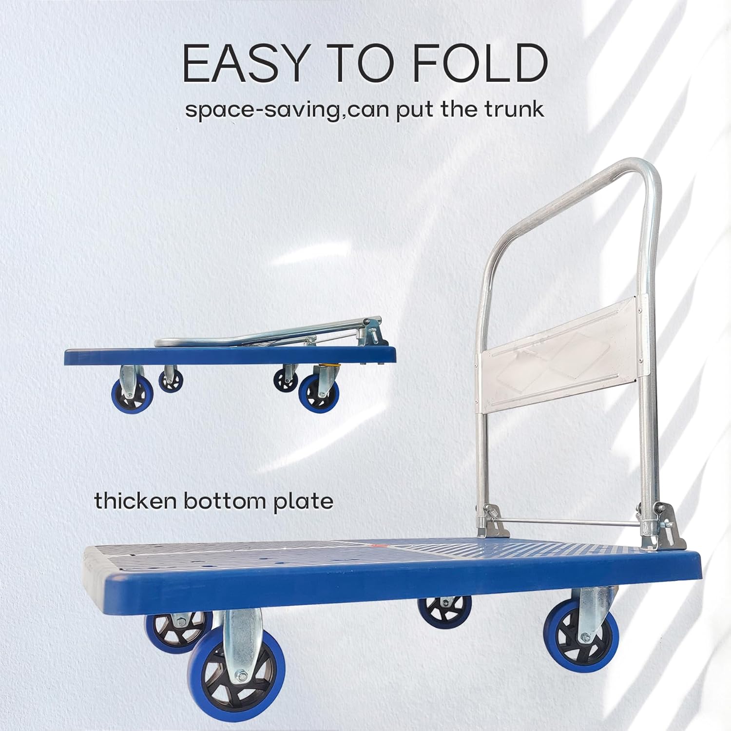 Carrito de cama plana, plataforma de alta capacidad de 660 libras, ruedas giratorias de 360 grados, carrito de mano plegable para carga y