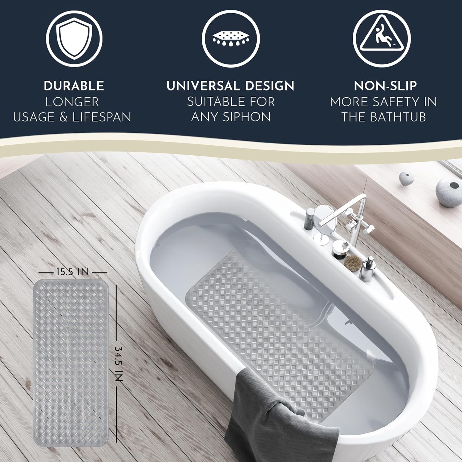Tapete de ducha y bañera antideslizante de 35 x 16 pulgadas de largo, para ancianos y niños, incluye ganchos para almacenamiento, lavable a máquina,