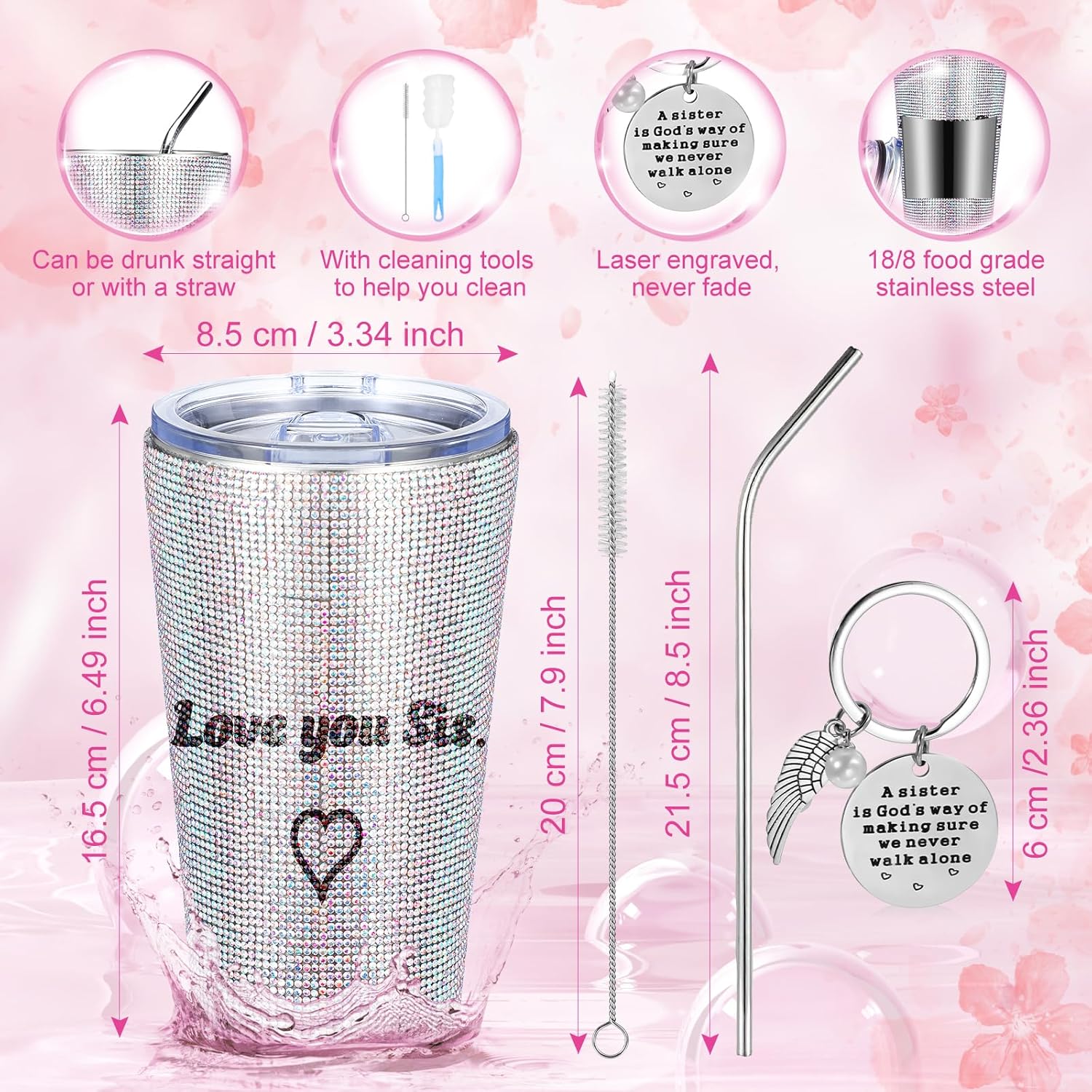 2 piezas de regalos de agradecimiento para mujeres, vaso de diamantes de imitación de 17 onzas con tapa, cepillo para pajilla, vaso de acero
