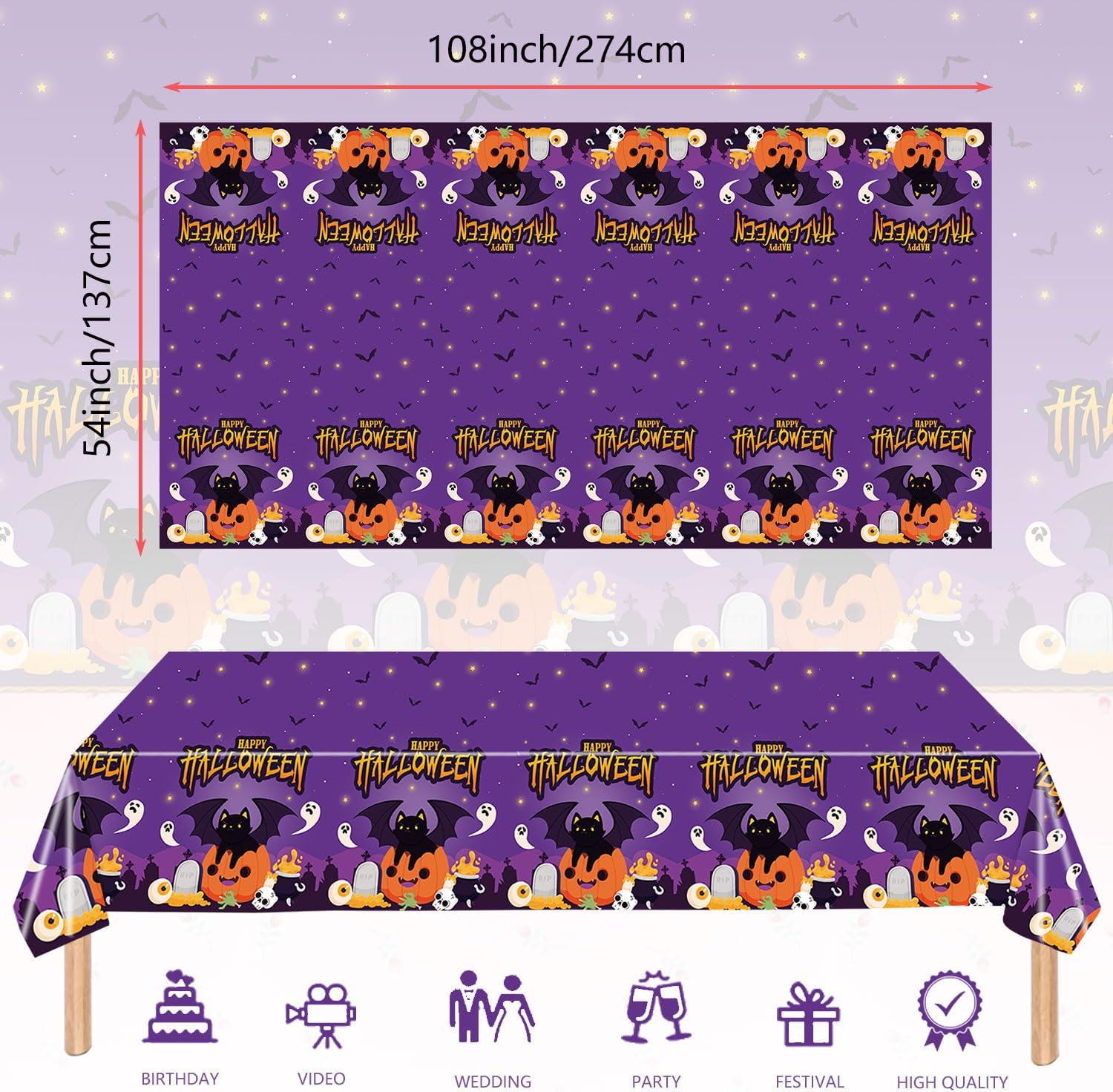 Mantel rectangular de Halloween, paquete de 2 manteles desechables de Halloween de 54 x 108 pulgadas, para niños, tela de araña y patrón de