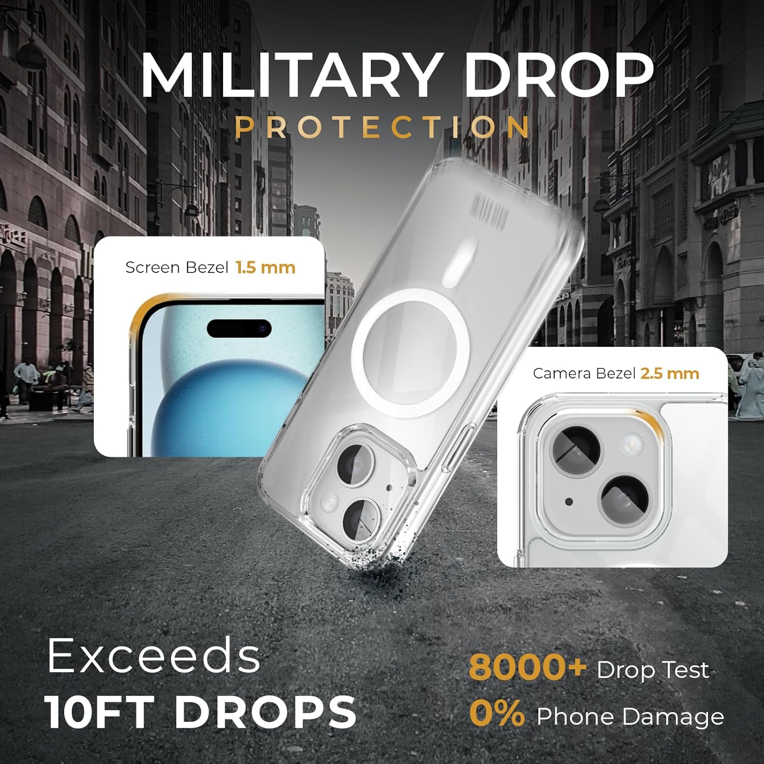MOTIVE Funda magnética transparente para iPhone 15 con clip para cinturón, (diseñada para Magsafe), protección militar contra caídas, funda delgada