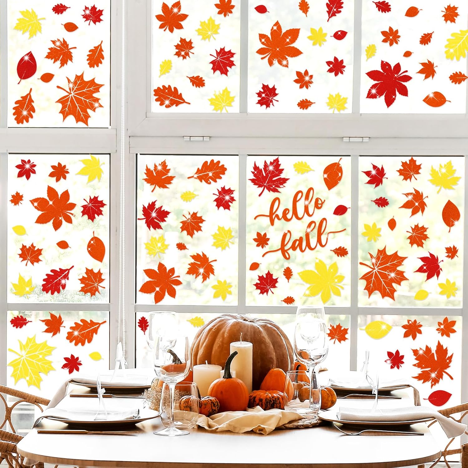 Whaline 105 calcomanías de ventana de hojas de arce con purpurina de otoño, coloridas calcomanías de ventana de doble cara para otoño, cosecha de