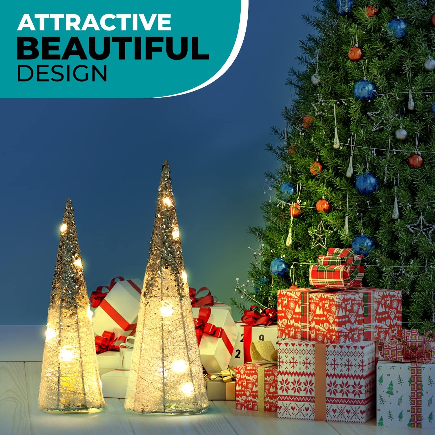 2 decoraciones de mesa de Navidad iluminadas con purpurina, funciona con pilas, con forma de árbol de Navidad LED, decoración navideña para