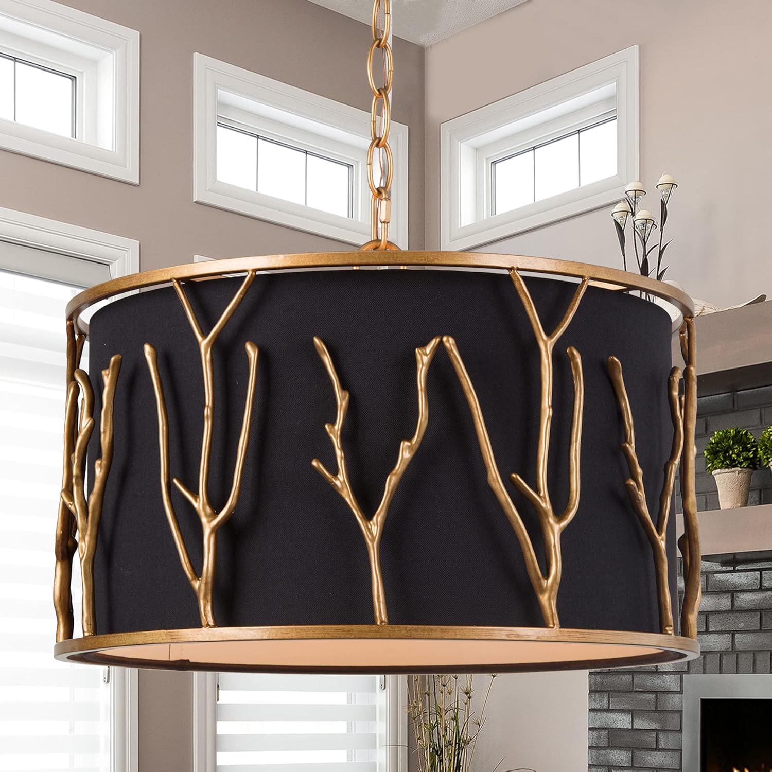 Durent Lighting Lámpara colgante de tambor de 4 luces con pantalla de tela negra y marco de cobre antiguo, lámpara redonda de 15.5 pulgadas con