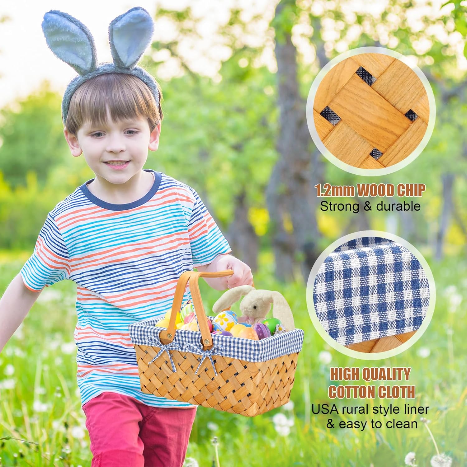 Woodchip – Cesta de picnic con asas plegables individuales, cesta de huevos de Pascua tejida a mano y cesta de caramelo, cesta de almacenamiento de