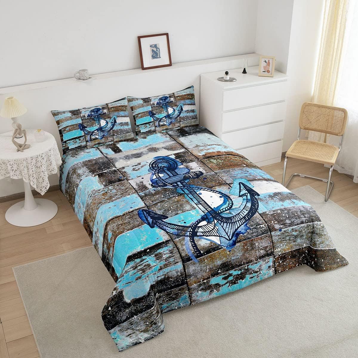 Navigation Anchor – Juego de edredón de 2 piezas, tamaño individual, ropa de cama con temática oceánica azul, regalo para niños y niñas, dormitorio