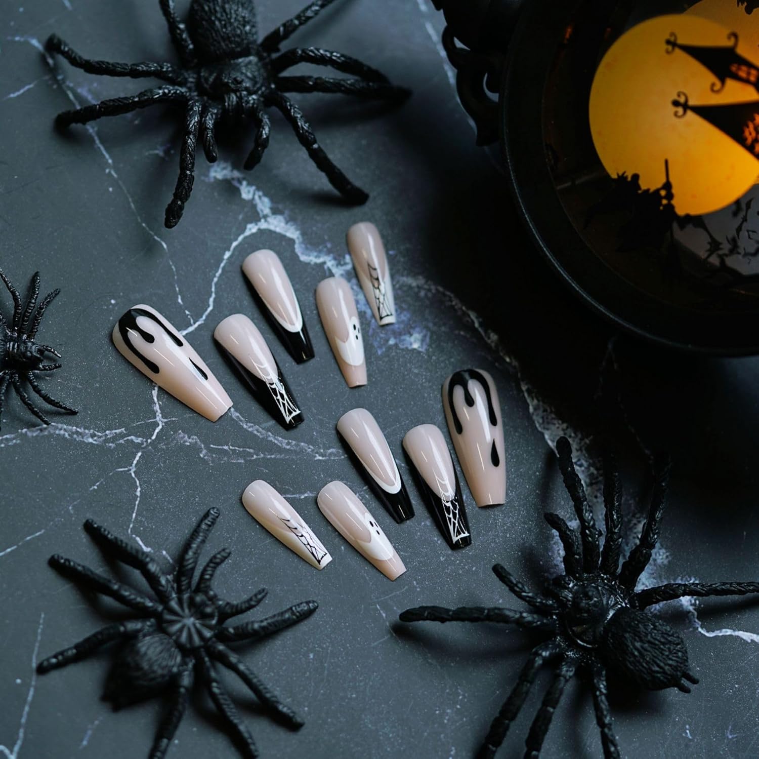 Uñas postizas a presión de Halloween, largas y cuadradas, con diseños de telaraña, fantasma, uñas acrílicas, uñas acrílicas negras con pegamento en