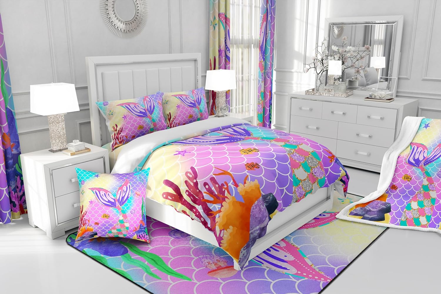 Juego de ropa de cama de sirena para niñas, tamaño matrimonial, juego de edredón de sirena náutica, animales marinos, cola de sirena, medusa