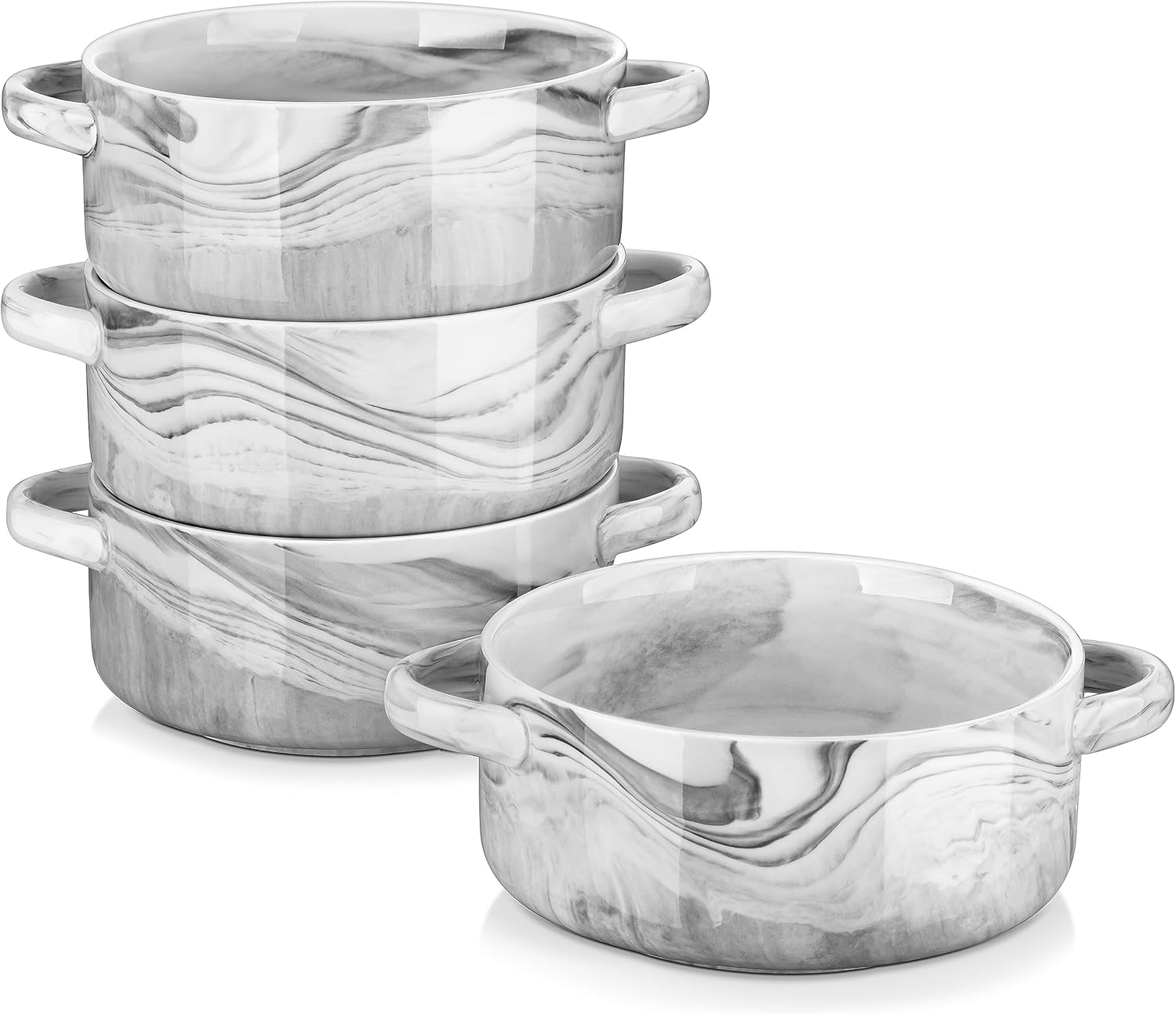 MALACASA Tazones de sopa de cebolla francesa, cuencos grandes de cerámica de 26 onzas con asas, juego de 4 tazones de sopa para servir para