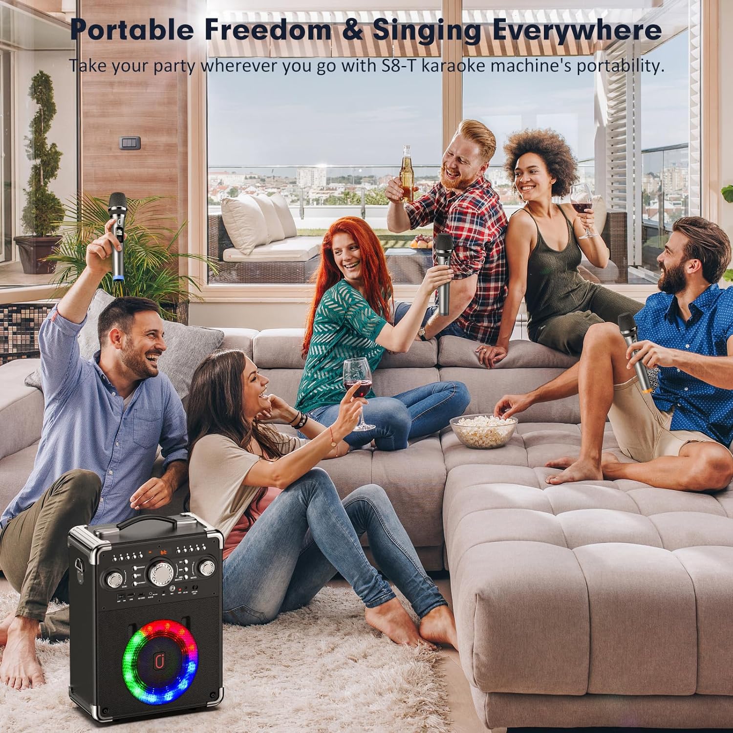 Máquina de karaoke S8-T con 3 micrófonos inalámbricos, máquina de karaoke portátil para fiesta, TWS Wirelss Kareokee PA System Party Speaker con