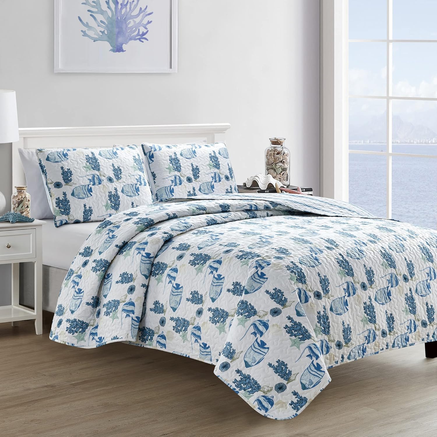 Market & Place Juego de edredón costero de 3 piezas tamaño matrimonialqueen con fundas  Colcha ligera reversible de verano  Ropa de cama temática de
