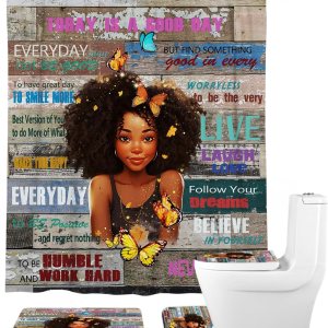 Juego de cortinas de ducha para niña afroamericana, citas motivacionales, citas inspiradoras de mariposas, 4 piezas, cubierta de tapa de inodoro, Juego de cortinas de ducha para niña afroamericana, citas motivacionales, citas inspiradoras de mariposas, 4 piezas, cubierta de tapa de inodoro,