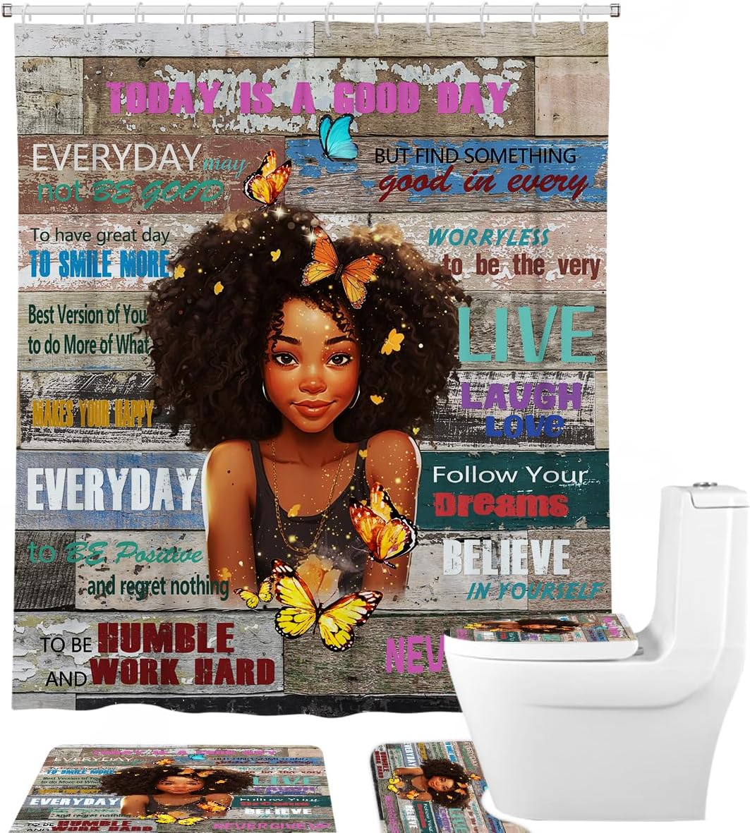 Juego de cortinas de ducha para niña afroamericana, citas motivacionales, citas inspiradoras de mariposas, 4 piezas, cubierta de tapa de inodoro,