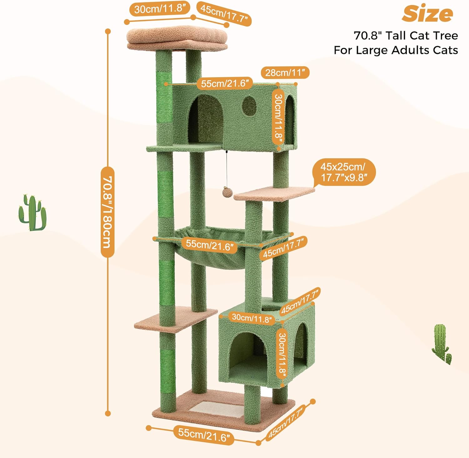 Meow Sir Árbol grande para gatos grandes de 70 pulgadas, torre para gatos multinivel con hamaca grande, condominio súper espacioso y postes anchos