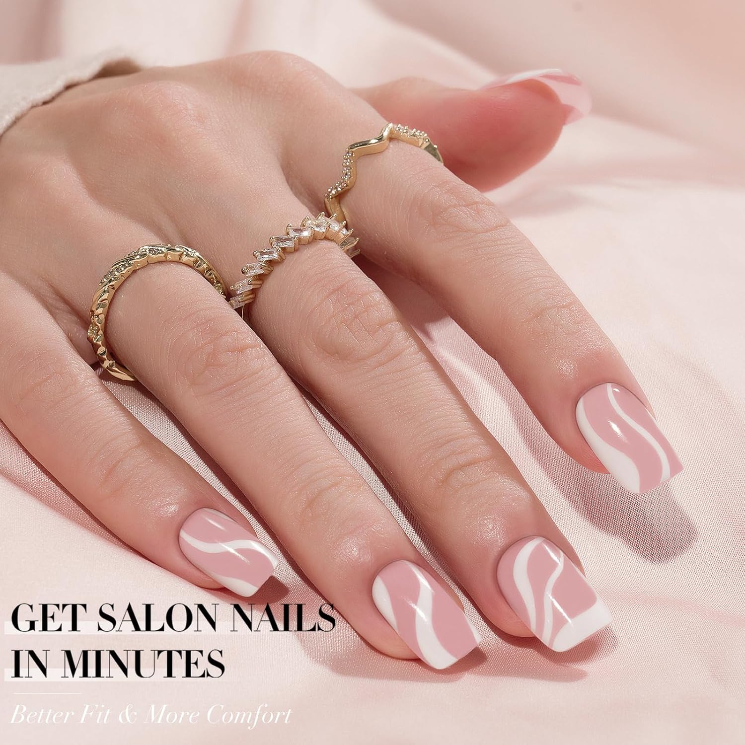 Uñas postizas cortas a presión de San Valentín, con diseños de remolinos rosados y blancos, uñas postizas acrílicas reutilizables con pegamento,
