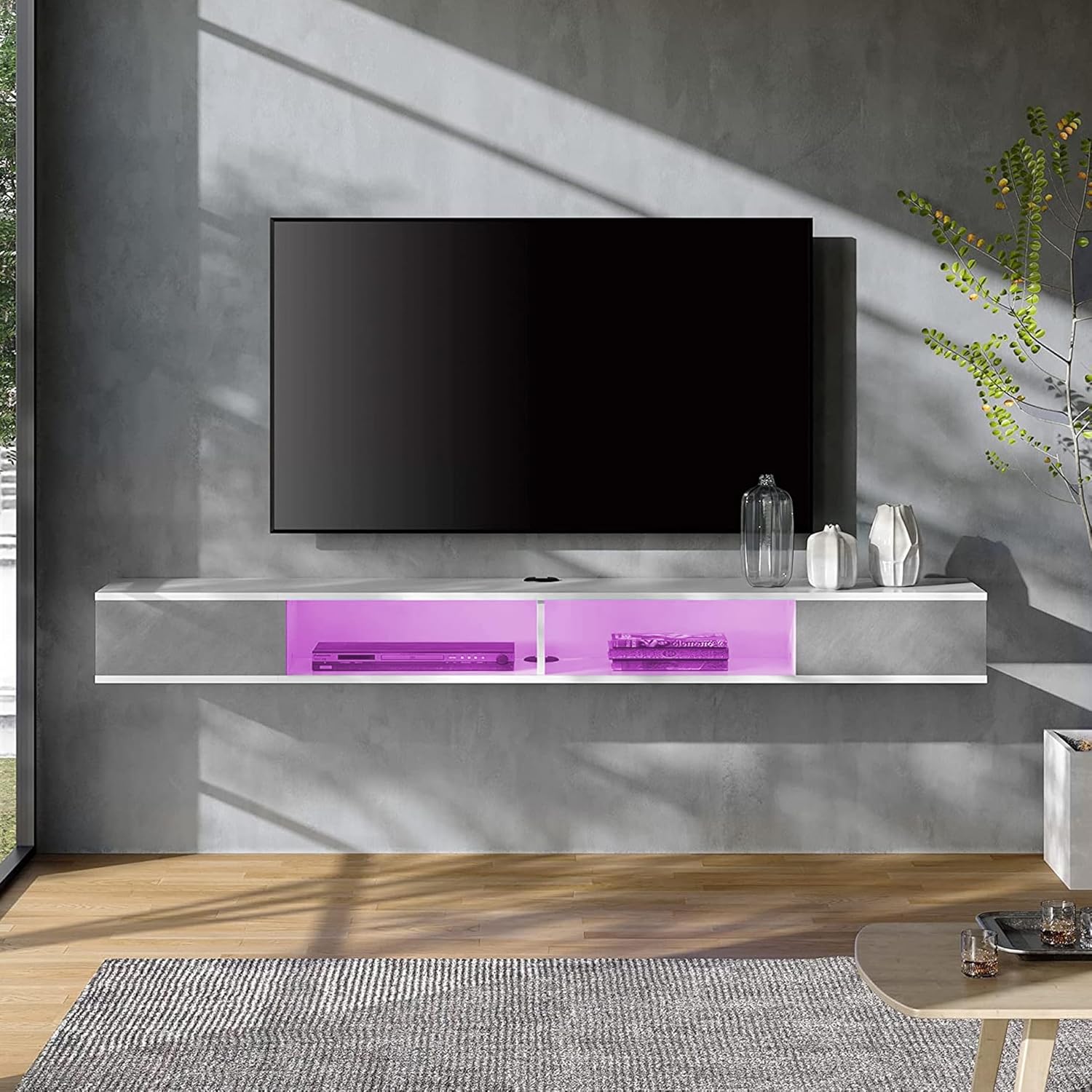 WAMPAT Soporte flotante para TV con 16 luces RGB, centro de entretenimiento flotante de 70 pulgadas de hasta 80 pulgadas, montado en la pared debajo